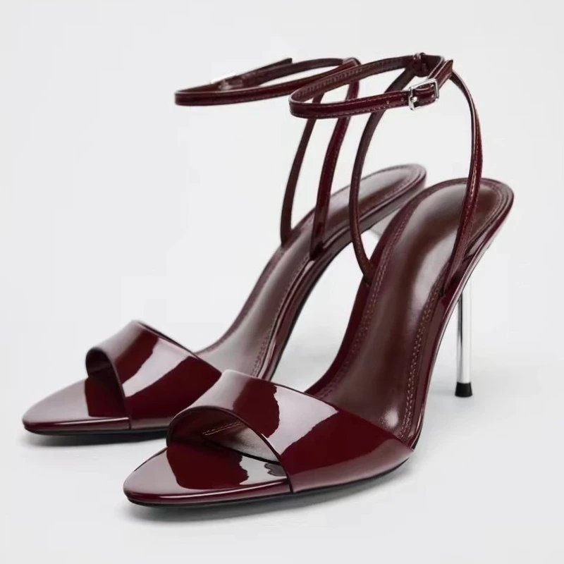 

Fashion Ankle Buckle Design Heeled Sandals Women Elegant Burgundy Patent Leather Heels Sexy Open Toe Dress Shoe Zapatos De Mujer