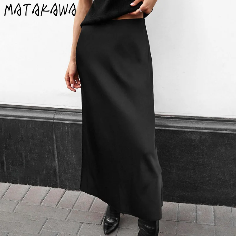 

Matakawa Women Skirts Satin Vintage Spring Summer High Waist Solid Faldas Elegant A-line Mermaid Ins Fashion Long Skirt