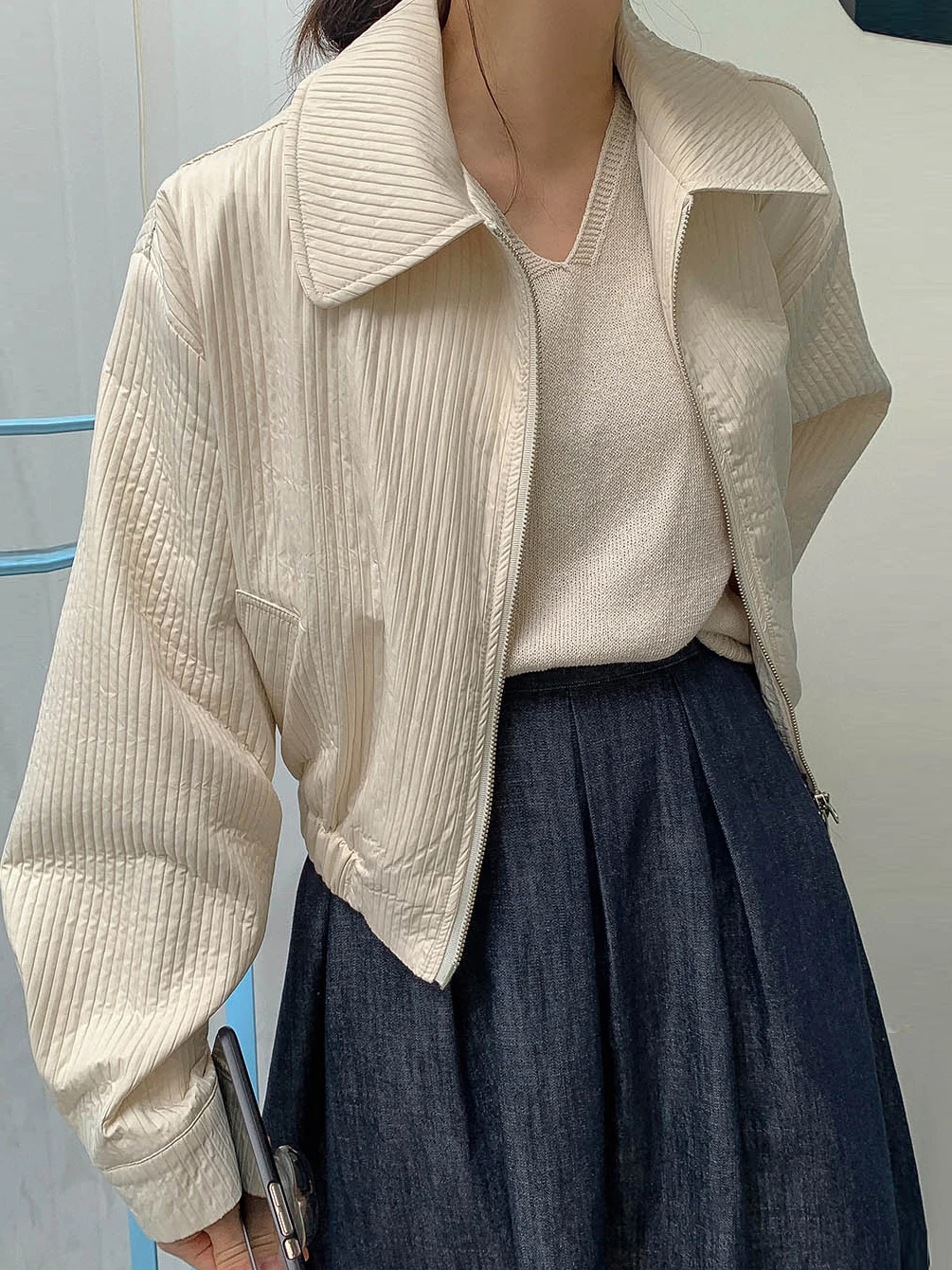 معطف نسائي من Faionable ort بسحاب بتصميم Jaet Chic بياقة مقلوبة وفضفاض ومتعدد الاستخدامات معطف كوري بلون نقي للسيدات #2