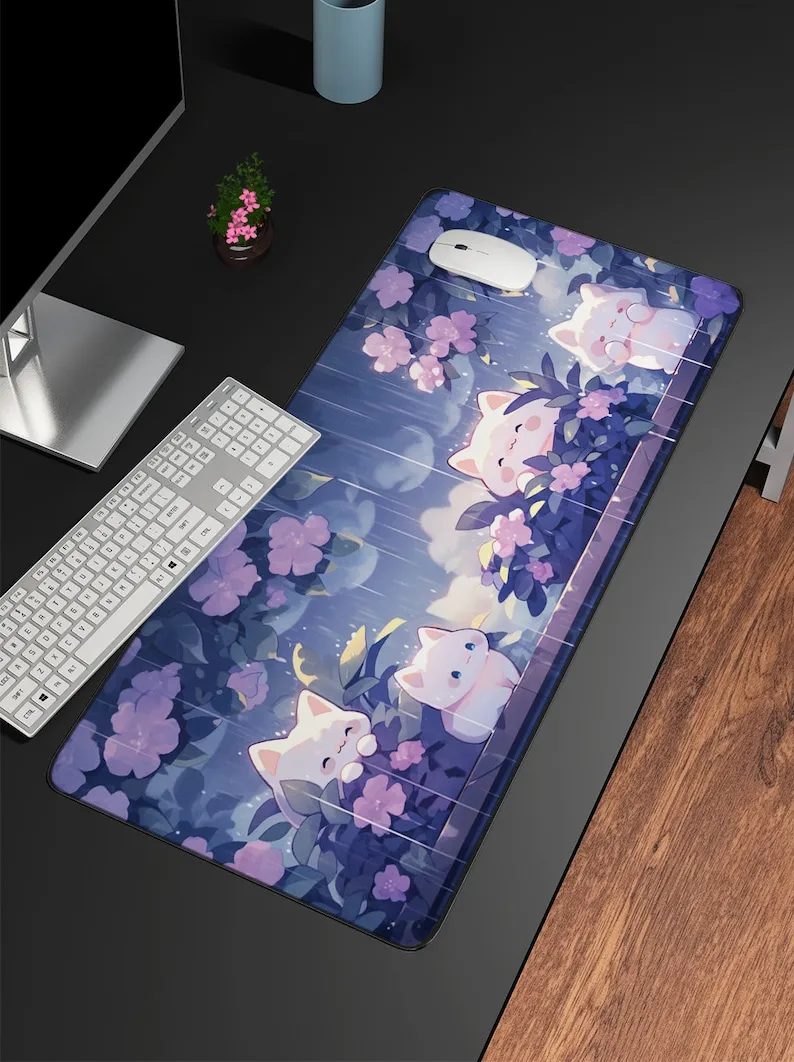 Kawaii Cats in the Rain Large Mouse Pad 900x400 XXL Purple Desk Mat Gaming Mousepad Deskpad Cute Gaming accessories office work