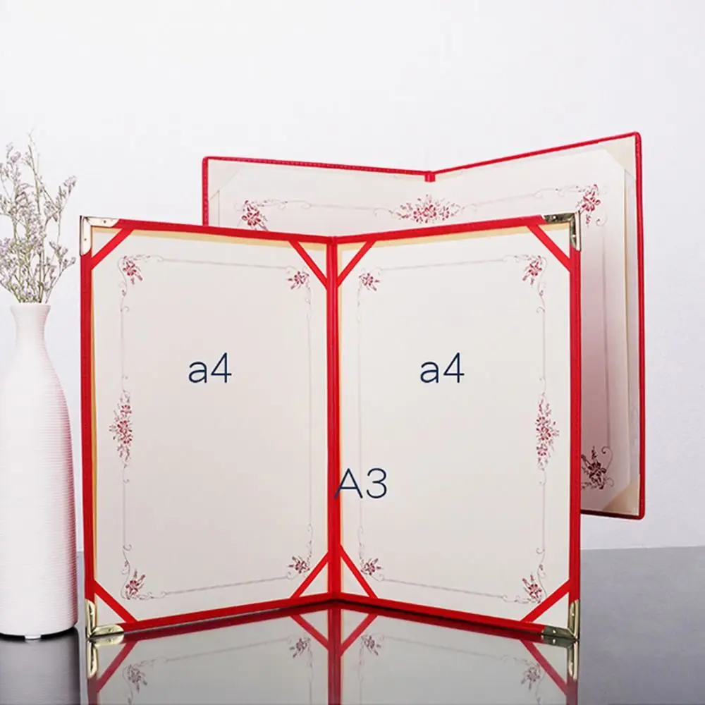 

1Pcs New Surface A3 A4 Paper Hardcover PU Leather Gold Certificate Cover Red Thicken File Page Folder Poetry Reading