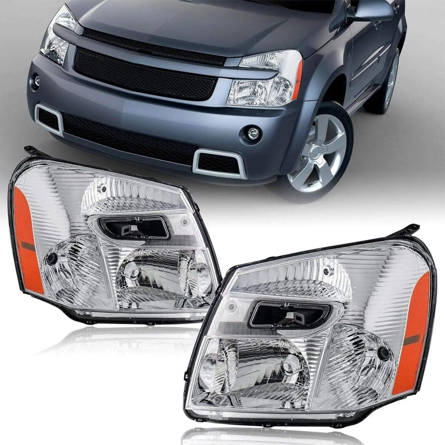 

LED Headlight Assembly for Chevy Equinox 2005-2009, Left and Right Set with Chrome Housing and Clear Lens