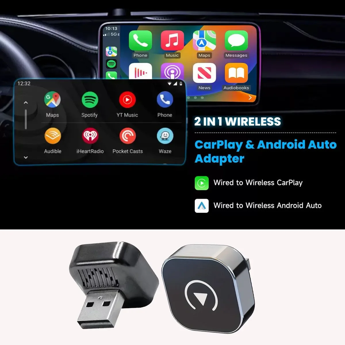 

Беспроводной адаптер CarPlay и Android Auto, USB-донгл, преобразователь проводного подключения в беспроводное, AI Smart Box, Plug & Play, автоматическое подключение