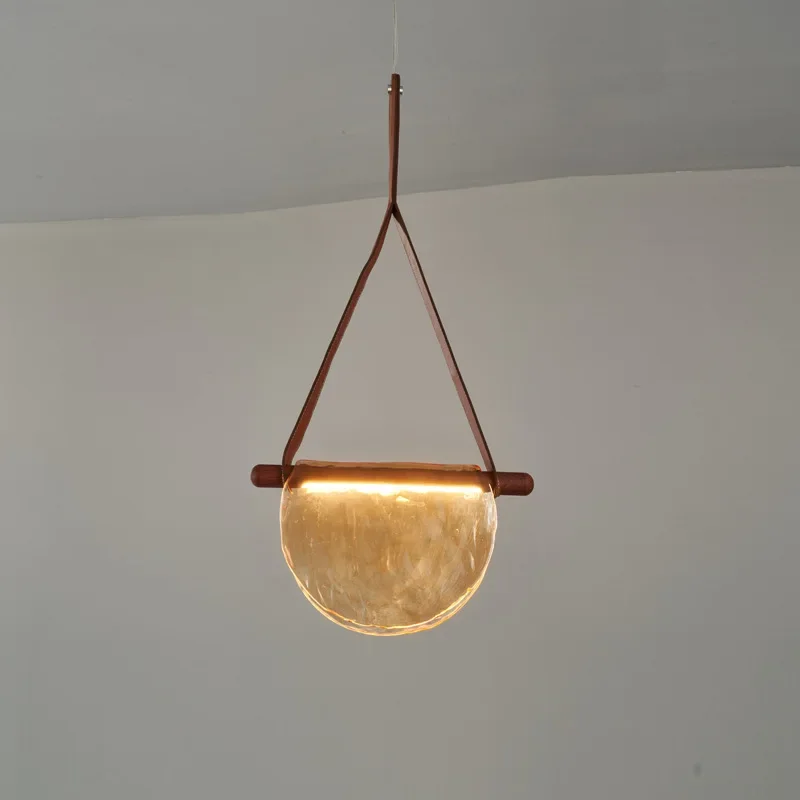 Modern Leather LED Pendant Light Translucent Semi-circle Glass Chandelier for Dining Table Restaurant Bar Decor Art Hanging Lamp