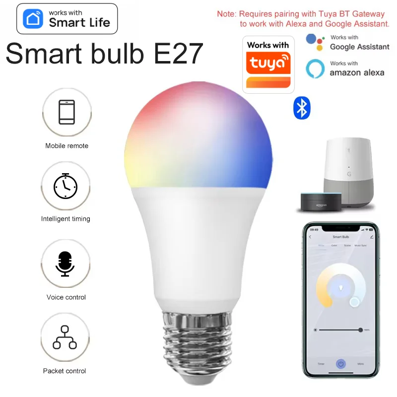 Corunsmar Tuya Bluetooth Smart Light Bulbs A19 E26/27 RGBCW Dimmable Light LED Lamp Smart Life Voice Work with Alexa Google Home