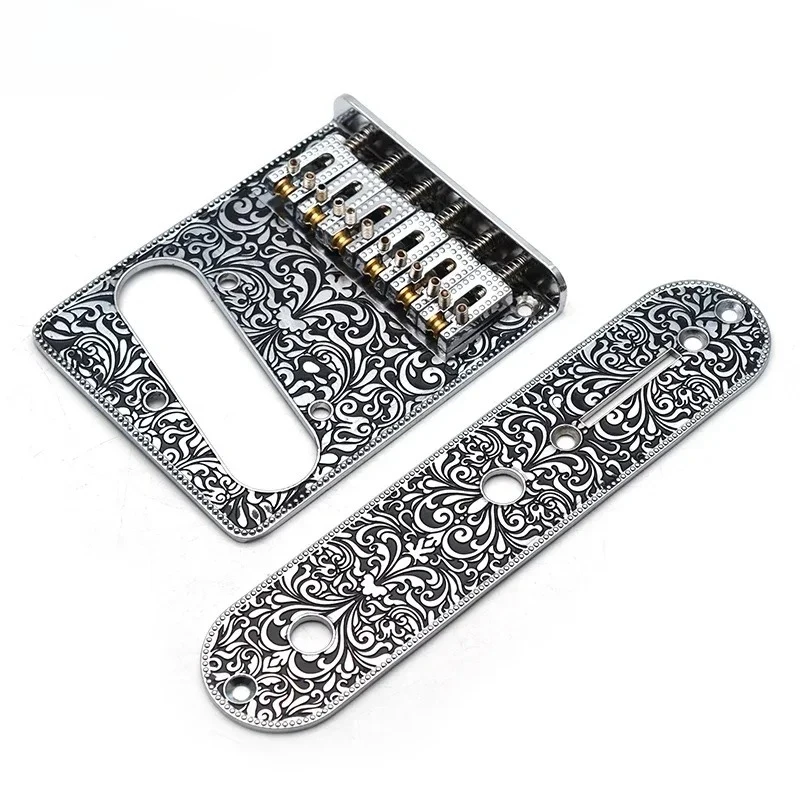 6 String Roller Saddle Bridge and Control Plate  for TL Electric Guitar with Carving Decorative Pattern Strings Through Bridge
