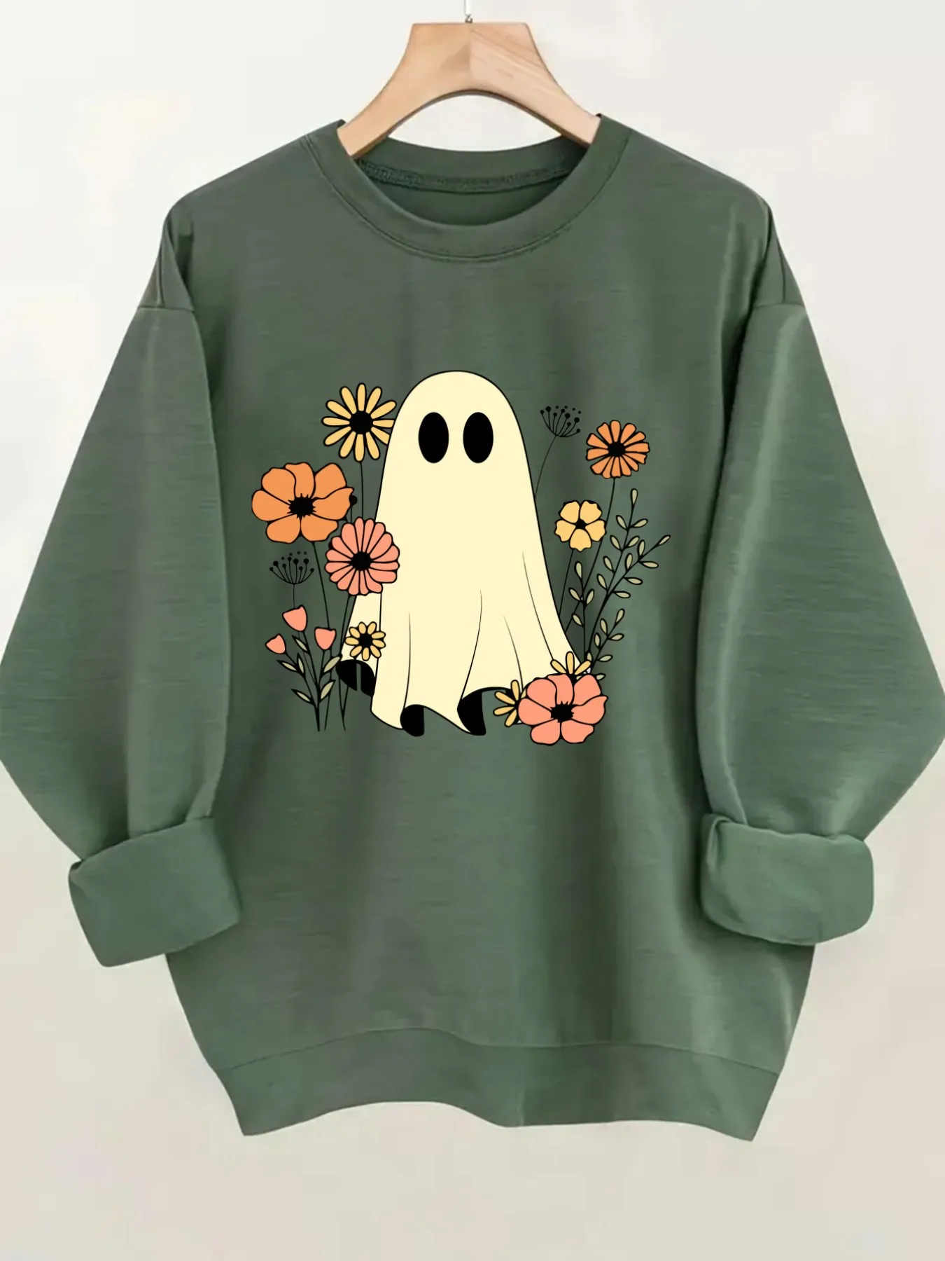Women's Crew Neck Pullover Sweatshirt Ghost Floral Print Design, Soft Casual Long Sleeve, Daily Casual Top Outfit, Winter Women's Clothing, Halloween Costume Outfit