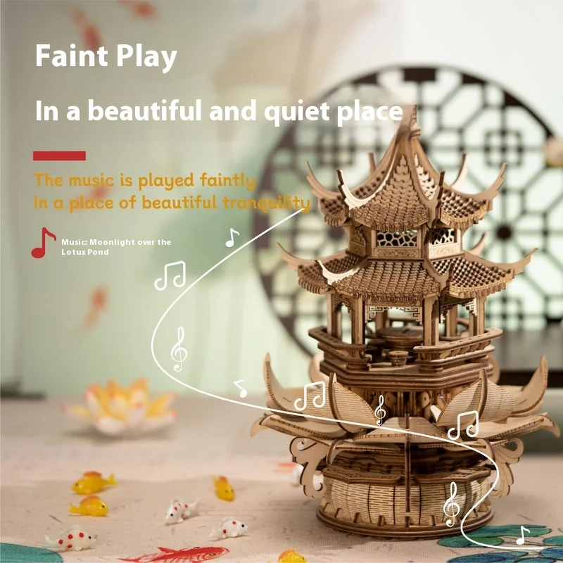 Multi Particle Sky City Dynamic Lotus Terrace Wooden Music Box Diy Building Blocks Rotating Music Box Surprise Gifts For Friends