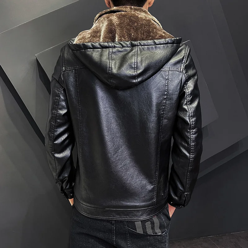 Men\'s New Winter Lapel Zipper Long Sleeved Plush Jacket Leather Jacket Fashionable and Loose Warm and Casual Versatile Jacket