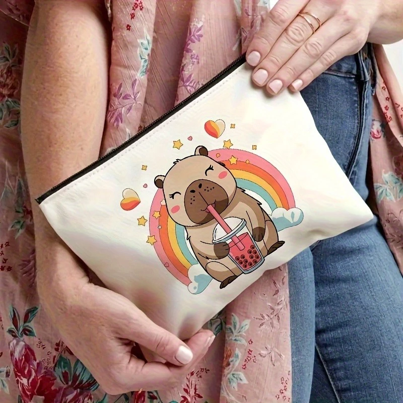 1pc Cute Cartoon Rainbow Capybara Makeup Bag - Durable Non-Fading Zipper, Lightweight & Foldable Storage Pouch
