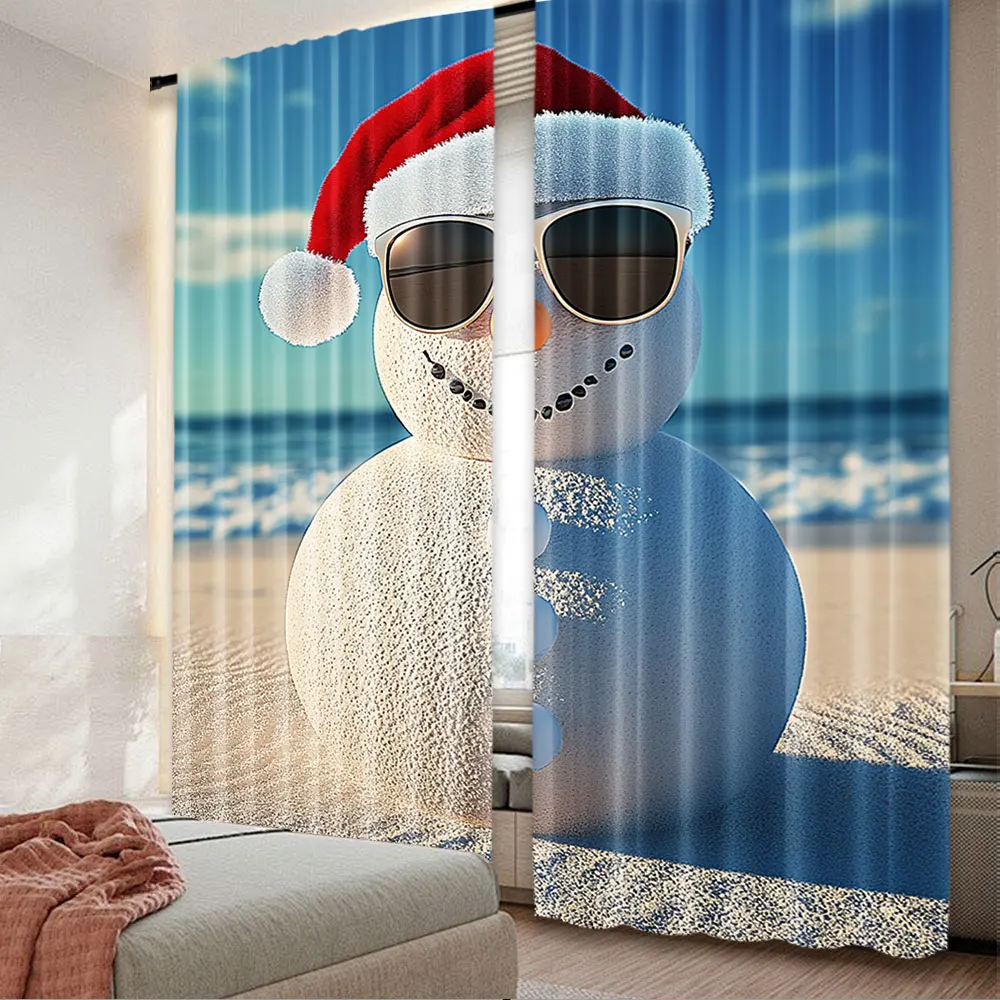 2Pcs Beach Snowman In Red Santa Hat Curtain Merry Christmas Sea Beach Blue Sky Family Holiday Party Decor