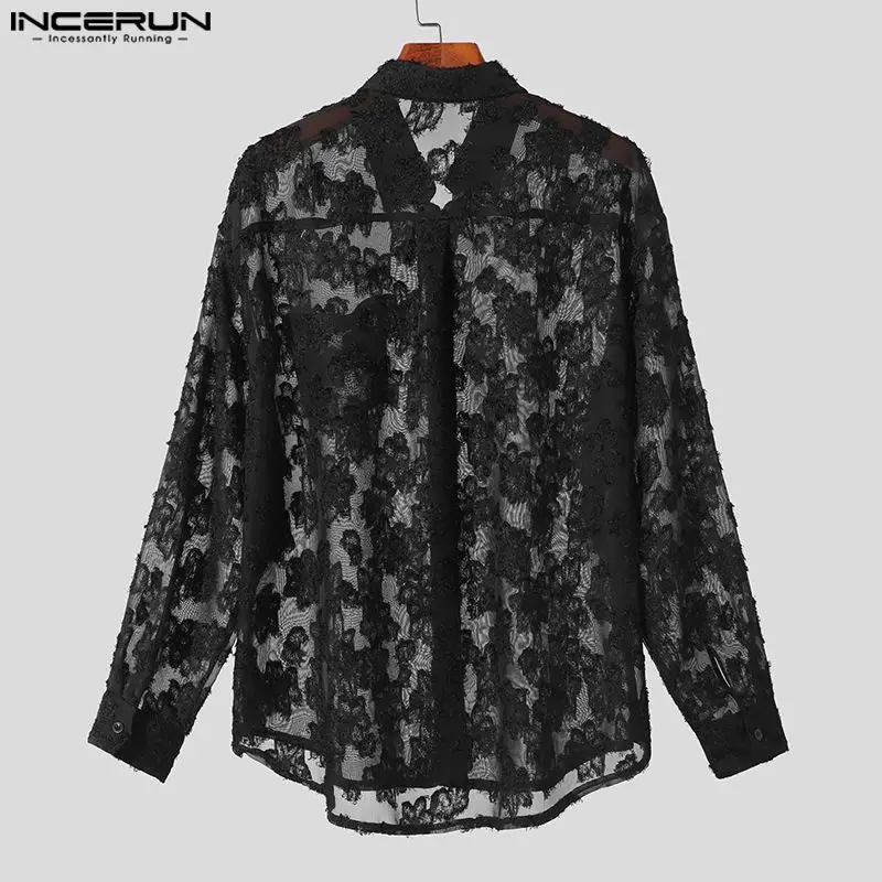 INCERUN Tops 2024 Handsome New Men\'s Perspective Solid Printed Tassels Design Shirts Casual Male Long Sleeved Lapel Blouse S-5XL