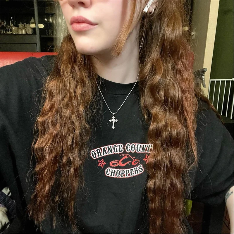 قلادة من الفولاذ المقاوم للصدأ Y2K مصنوعة يدويًا مع قلادة متقاطعة على شكل قلب من حجر الراين الصغير #3