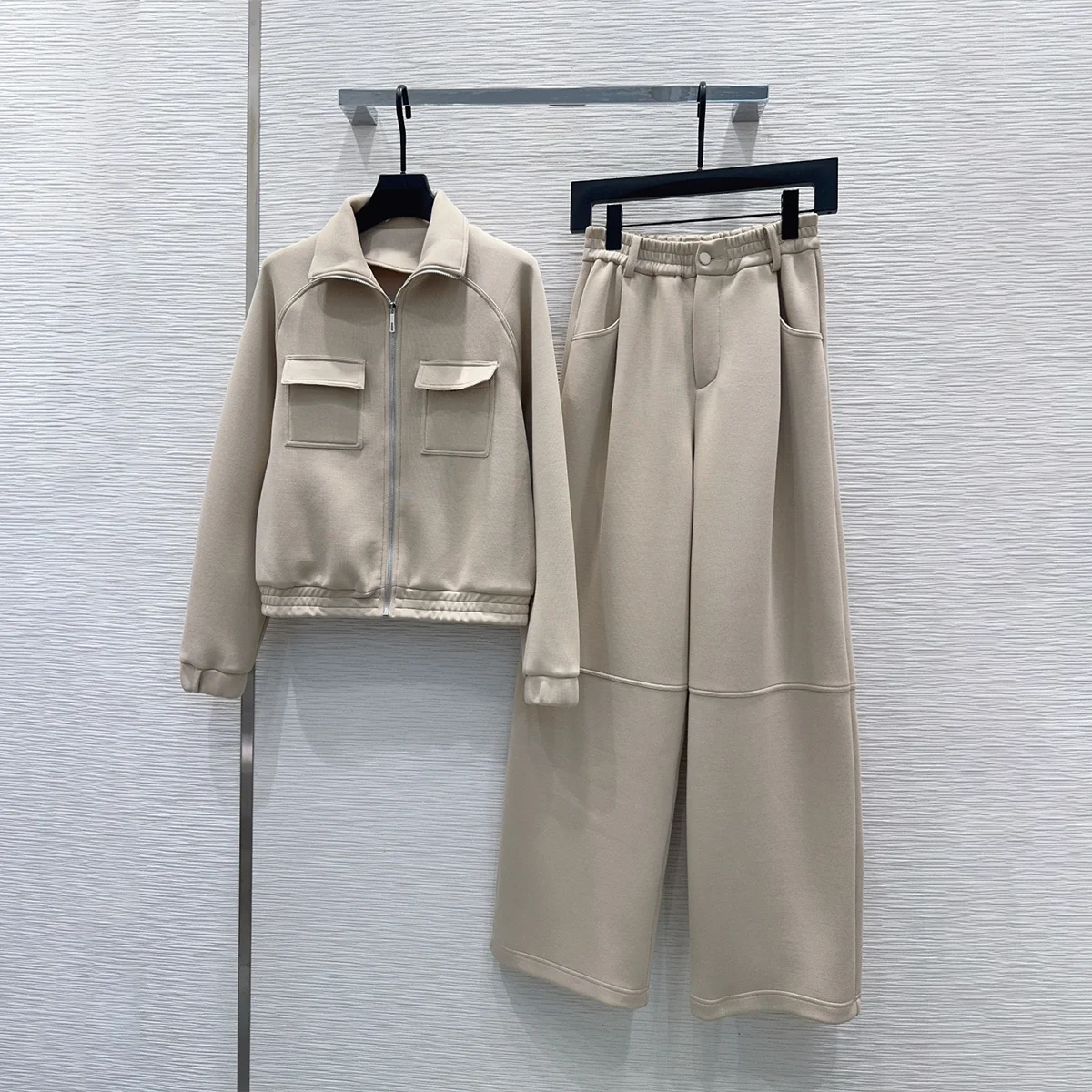 2026 High Quality Women's Collar Zipper Hoodie Wide Leg Pants Set--2691613