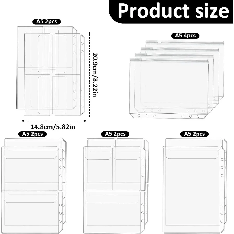 Carpeta transparente Premium con cremallera, 12 Uds., tamaño A5, 6 agujeros, insertos para carpetas, bolsas para archivar documentos para cuaderno de 6 anillas, bolsas de hojas sueltas