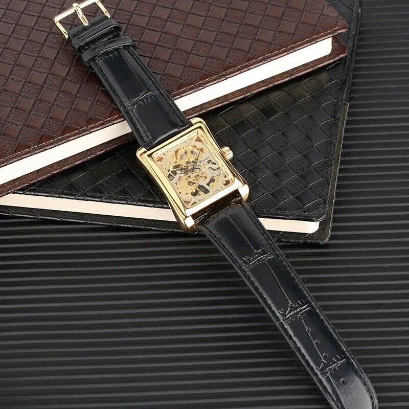 Luxury Brand VintageSkeleton Hand Wind Mens Mechanical Wrist Watches Square Case Wristwatch Analog Nice Gift