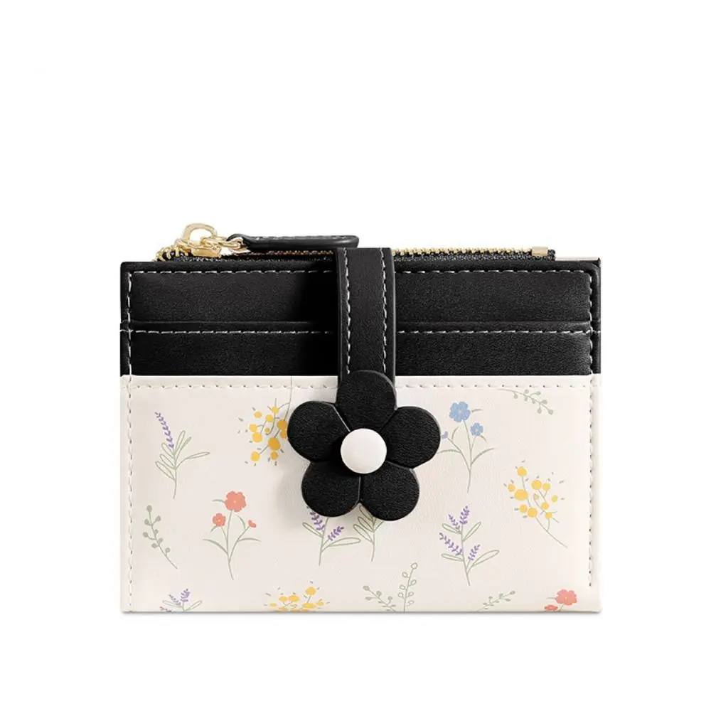 Flowers Printed Mini Coin Purse Multi-Cards Slot PU Leather Women's Short Wallet Portable Creative Mini Keychain Bag Girls