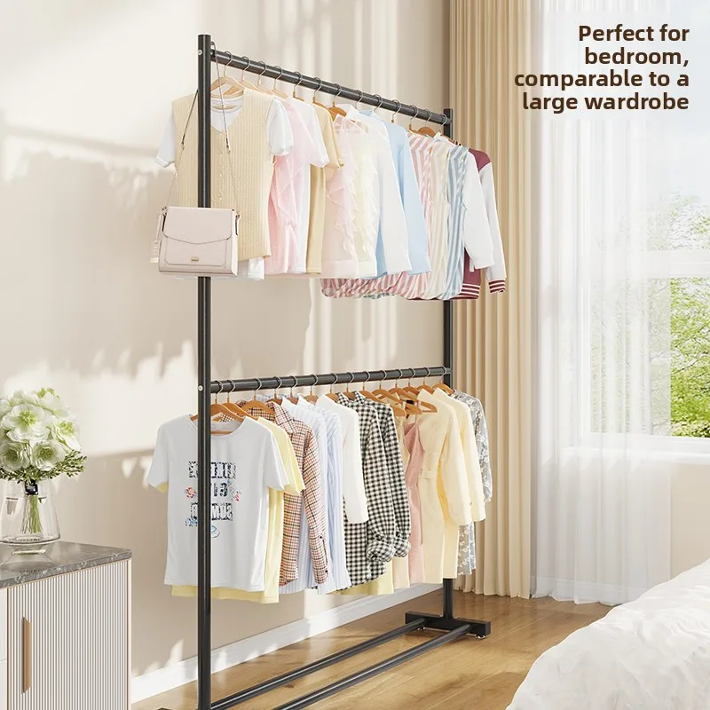 Double Layer Floor-Mounted Clothes Drying Rack Bedroom Simple Space-Saving Balcony Single Rod Clothes Storage Rack Ground Sup...