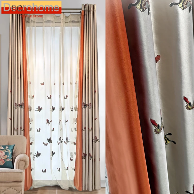 New Chinese Style Orange Embroidery Window Screen Gloss Splicing Curtains for Living Room Bedroom French Window Balcony Window