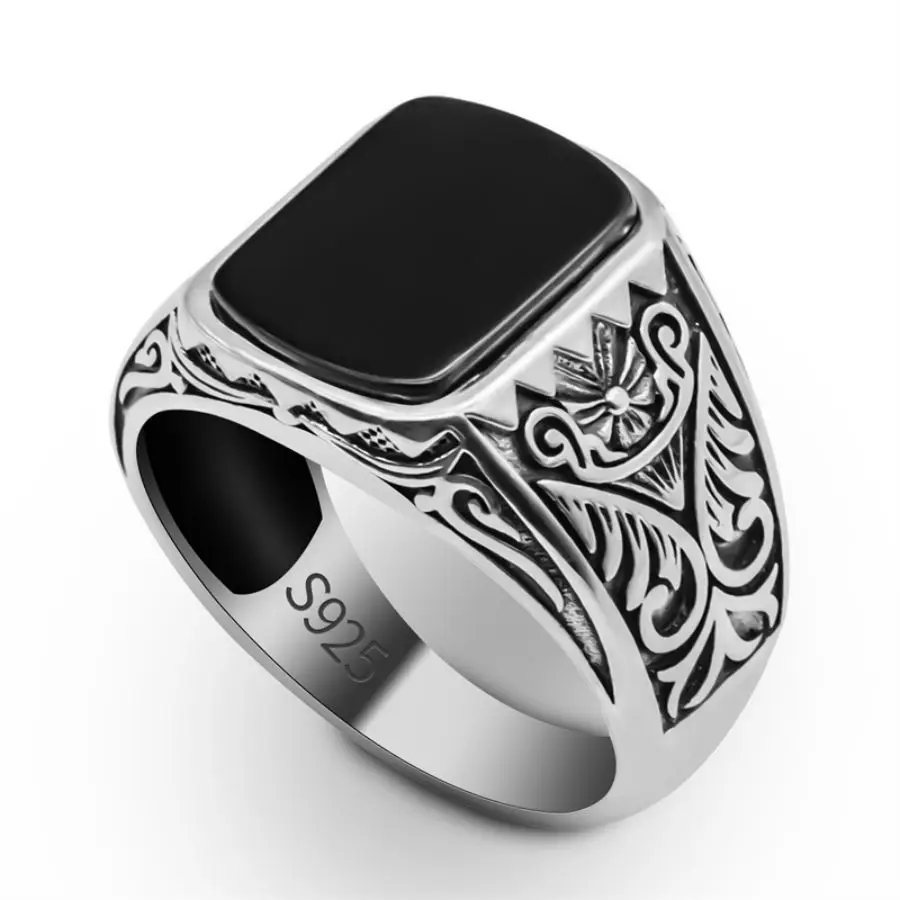

Wholesale 925 Sterling Silver Ring Vintage Turkish Finger Natural Black Agate Stone Wholesale Price Silver Ring For Men Design