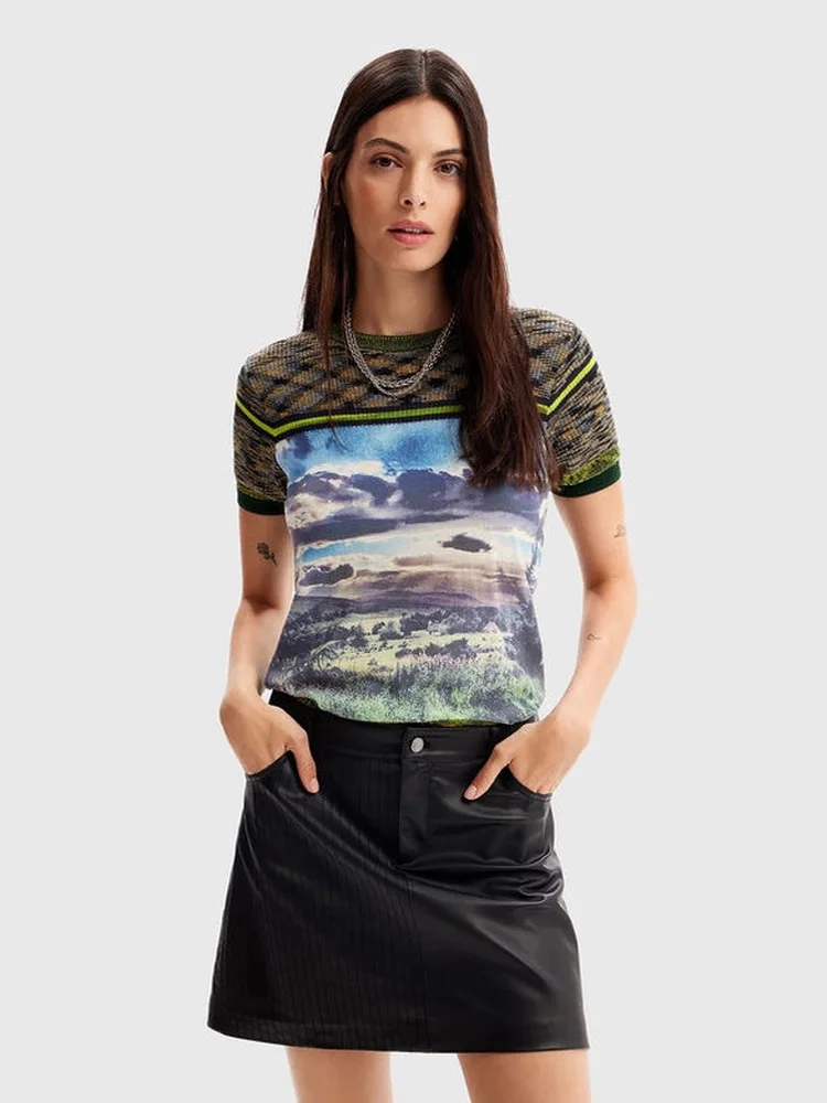 

Внешняя торговля, Испания, оригинальный одиночный женский вязаный свитер с круглым вырезом, облегающий топ с короткими рукавами и принтом в стиле пэчворк, новинка 2023 года