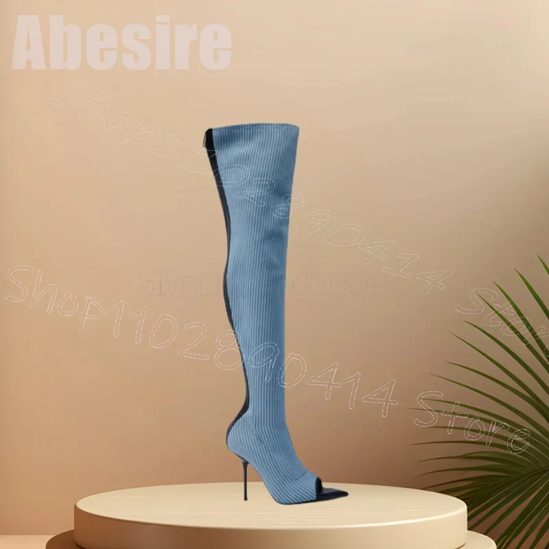 

Blue Knitted Stripe Design Peep Toe Sandals Boots Back Zipper Women Shoes Thin High Heels Party Dating 2025 Zapatos Para Mujere