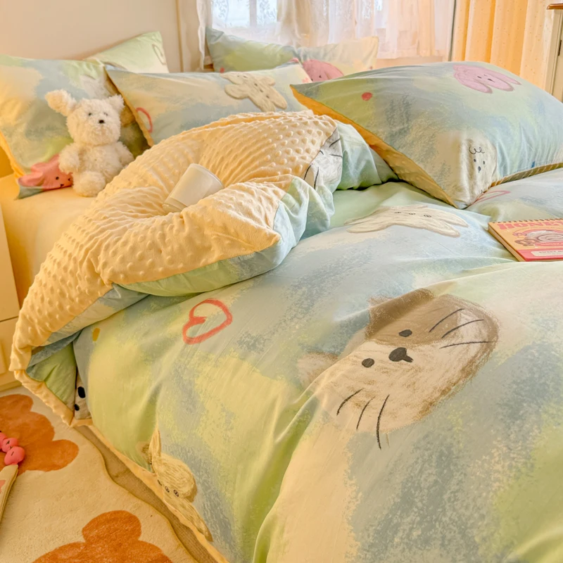 Colorful Milk Velvet Duvet Cover 3 Piece Set Cute Animal Theme Warm Plush Comforter Cover Luxury Ultra Soft Queen King Bedding