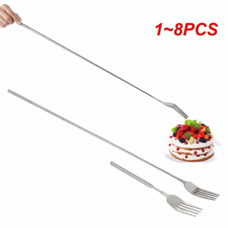 1~8PCS Stainless Steel Telescopic Extendable Fork Dinner Fruit Dessert Long Cutlery Forks BBQ Meat Fork Kitchen Accessories