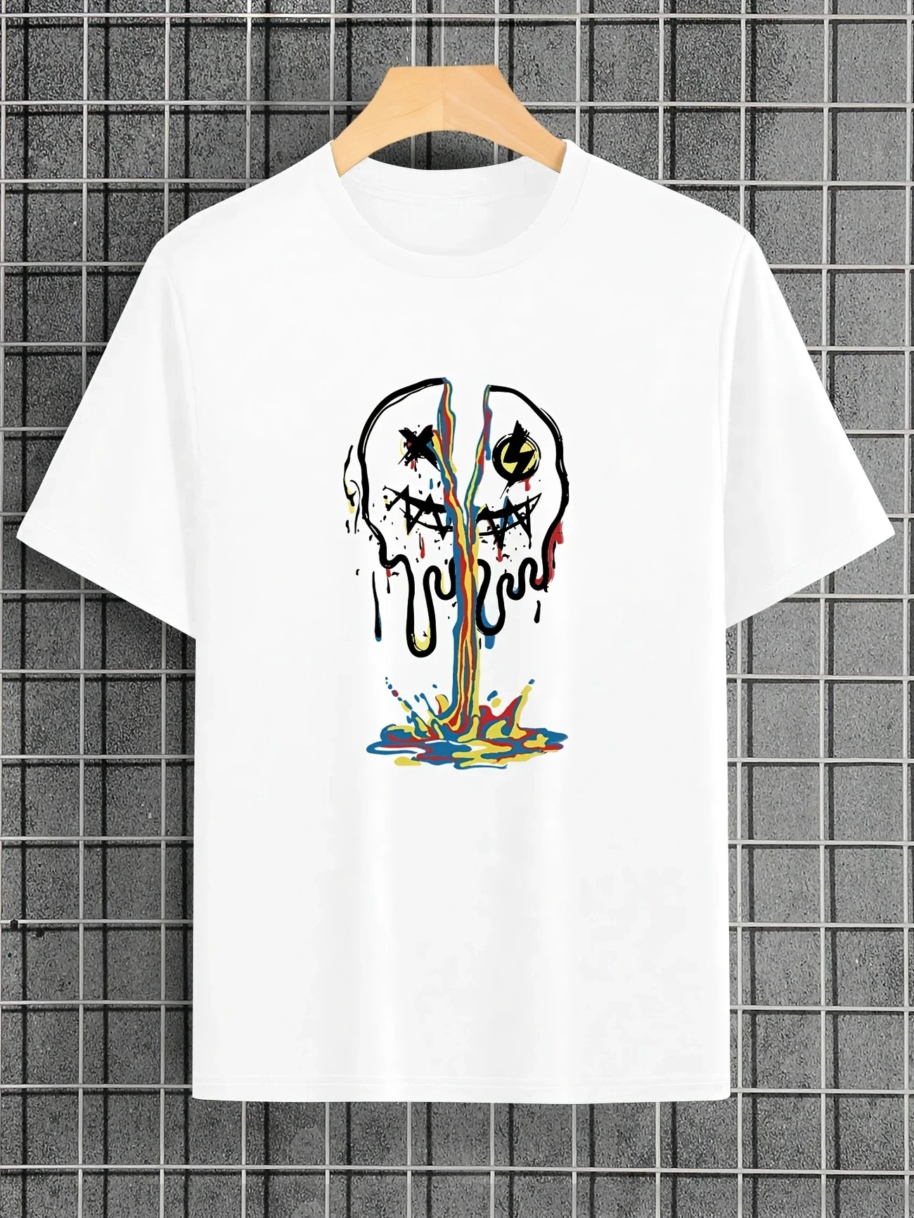 Men's Fashion Skeleton and Flower Happy Face Printed T-shirt Men's Casual Street Style Skeleton T-shirt Versatile Short Sleeve T