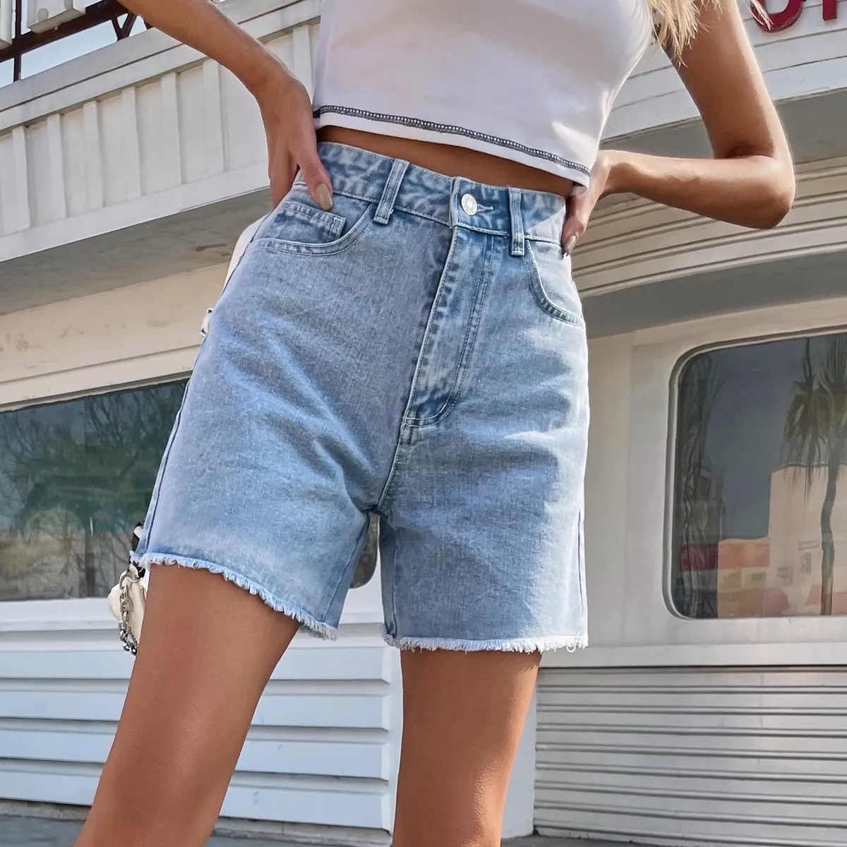

2025 European american trendy,loose casual,high waist,loose slimming women's denim shorts woman