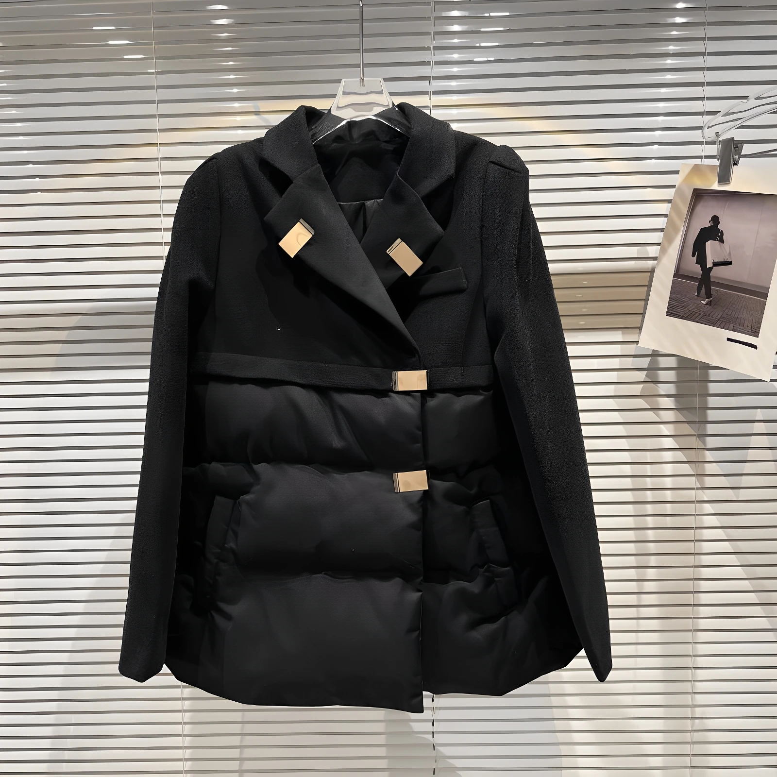 Black Cotton Jacket Autumn Winter Women's Chic Square Buckle Woolen Splicing Warm Suit Cotton-padded Coats Thick Loose Outerwear