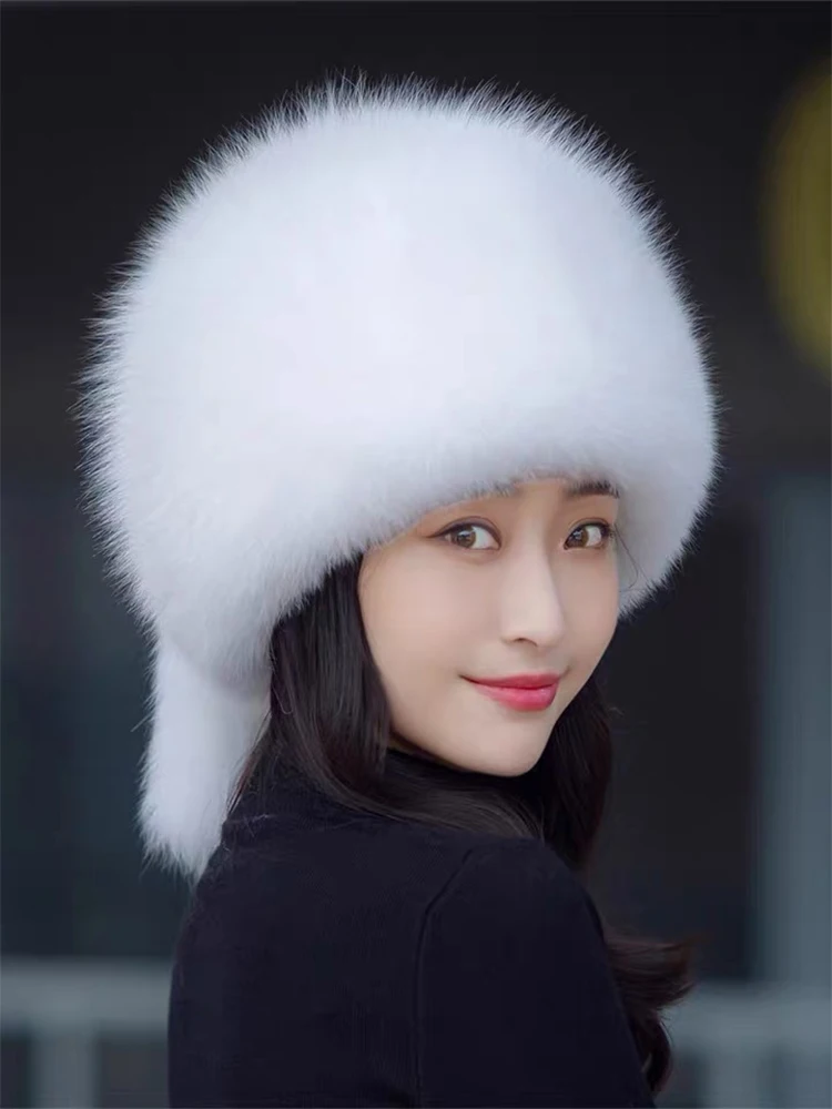 Women Winter Natural Raccoon Fur Hat Real Fox Fur Hat Korean Russian Thick Warm Thick Fur Hat Real Fur Cap