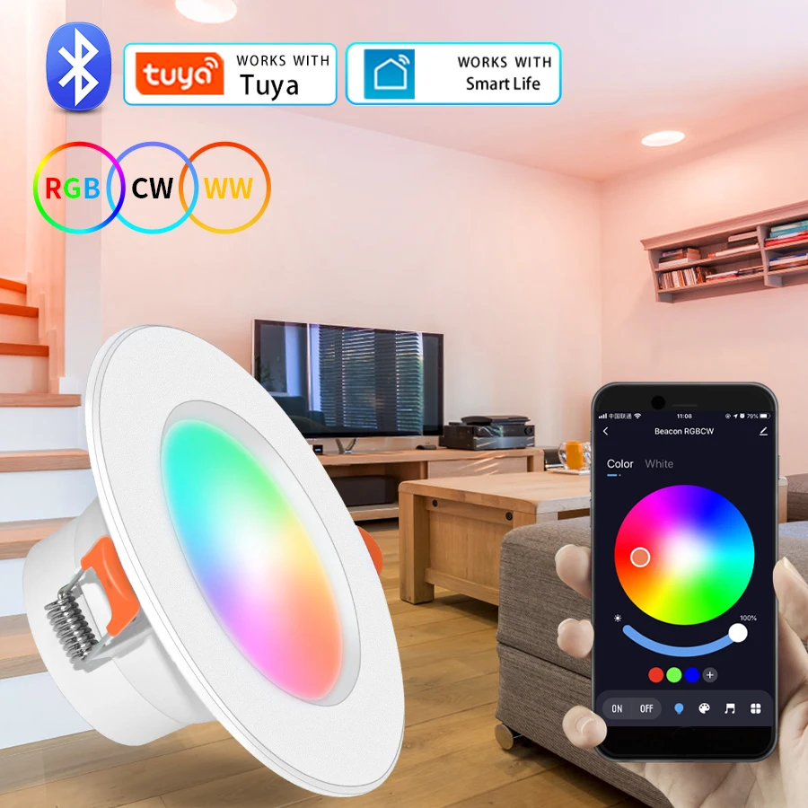 1-10PCS Tuya Bluetooth Smart LED Downlight 85-265V Dimmable LED Ceiling Recessed Down Light RGB +CW+WW Changeable Smart Lamp