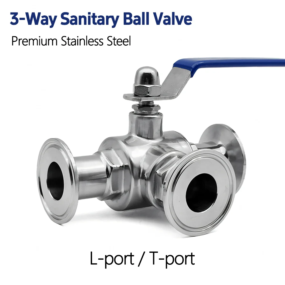 SS304 Stainless Steel Sanitary 3 Way Ball Valve - 19-51mm T/L Port Ferrule Tri Clamp 1.5