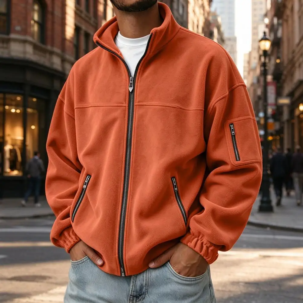 Men Fleece Jacket Coat, Full Zipper Winter Coat with Pockets, Thermal Stand Collar Sweatshirt for Outdoor Cold Weather Hiking