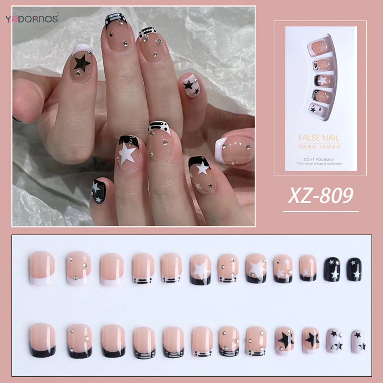 24Pcs Fake Nails Short Stripes Diamond Star Printed Full Cover Design Press on Nail Patch Decoraton Acrylic Nail Art Tips Girls