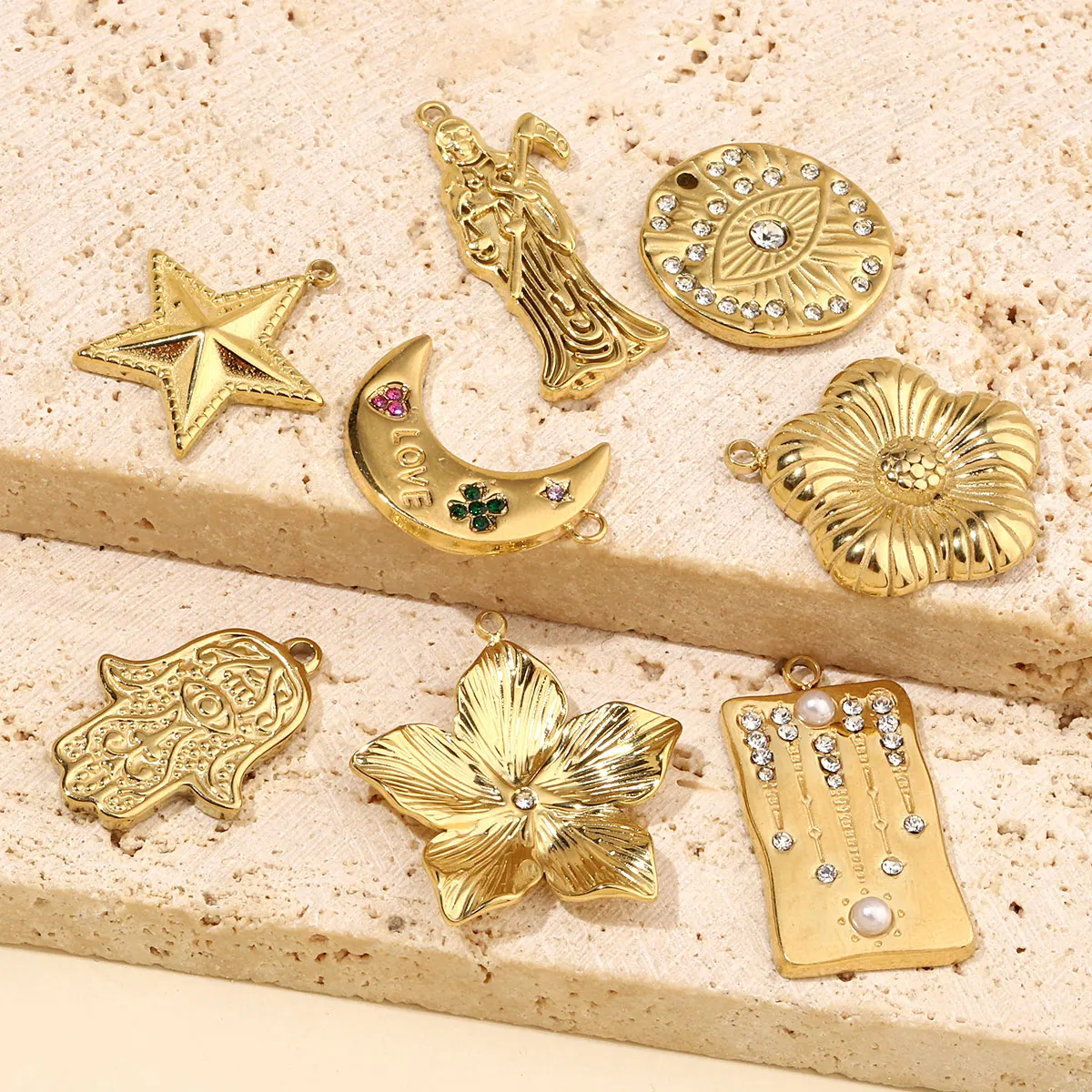 3pcs/Lot Moon Leaf Stainless Steel Diy Charms Women Daisy Flower Star Earring Necklace Making Hamsa Hand Pendant