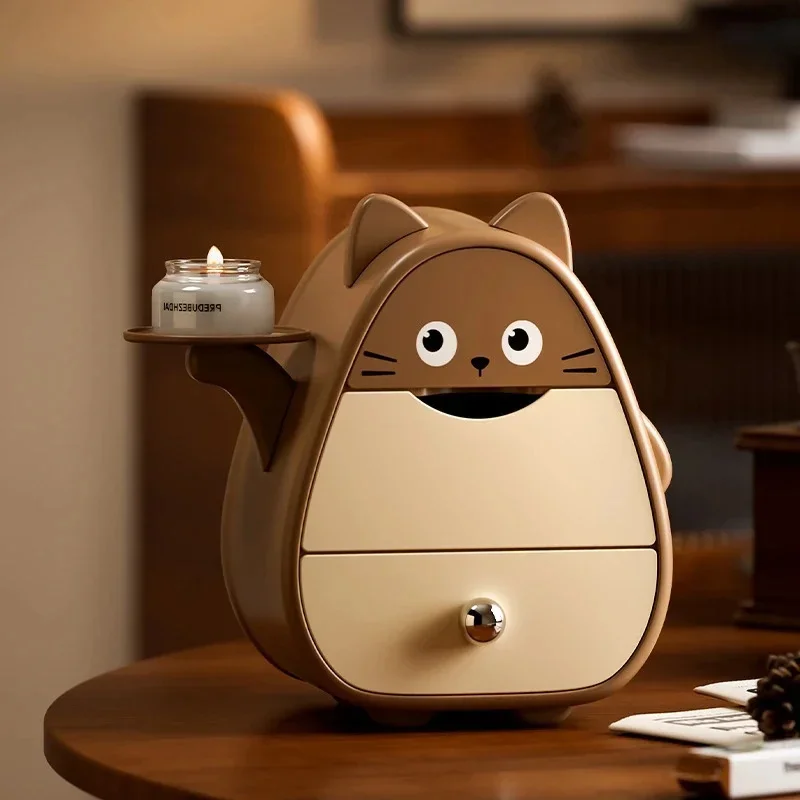 Cute Cartoon Cat Small Desktop Organizer Multi-layer Drawer Storage Box Space Saving Gift For Adorable Cat Lovers Home Office