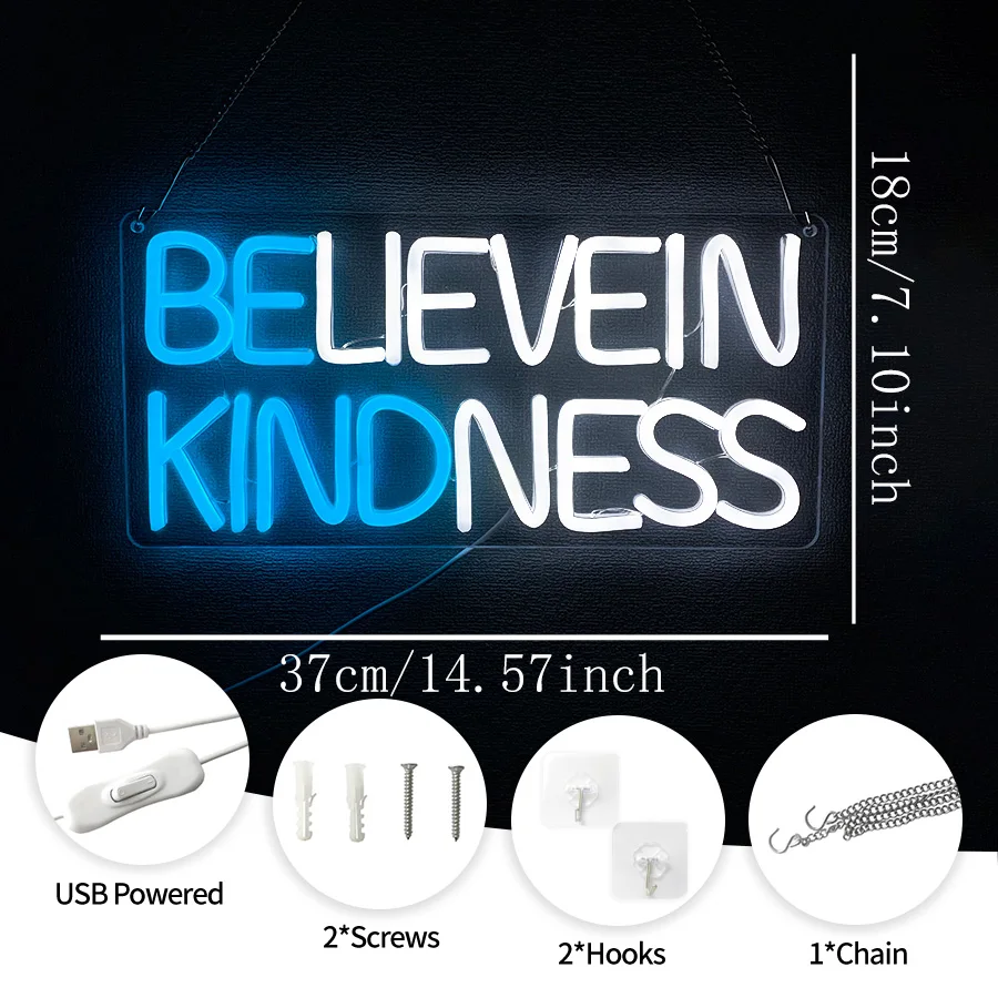 Believe in Kindness Neon Sign, LED Light Up Wall Sign USB Powered,  Neon Lights Decor for Bedroom, Cafe, Yoga Studio, Office