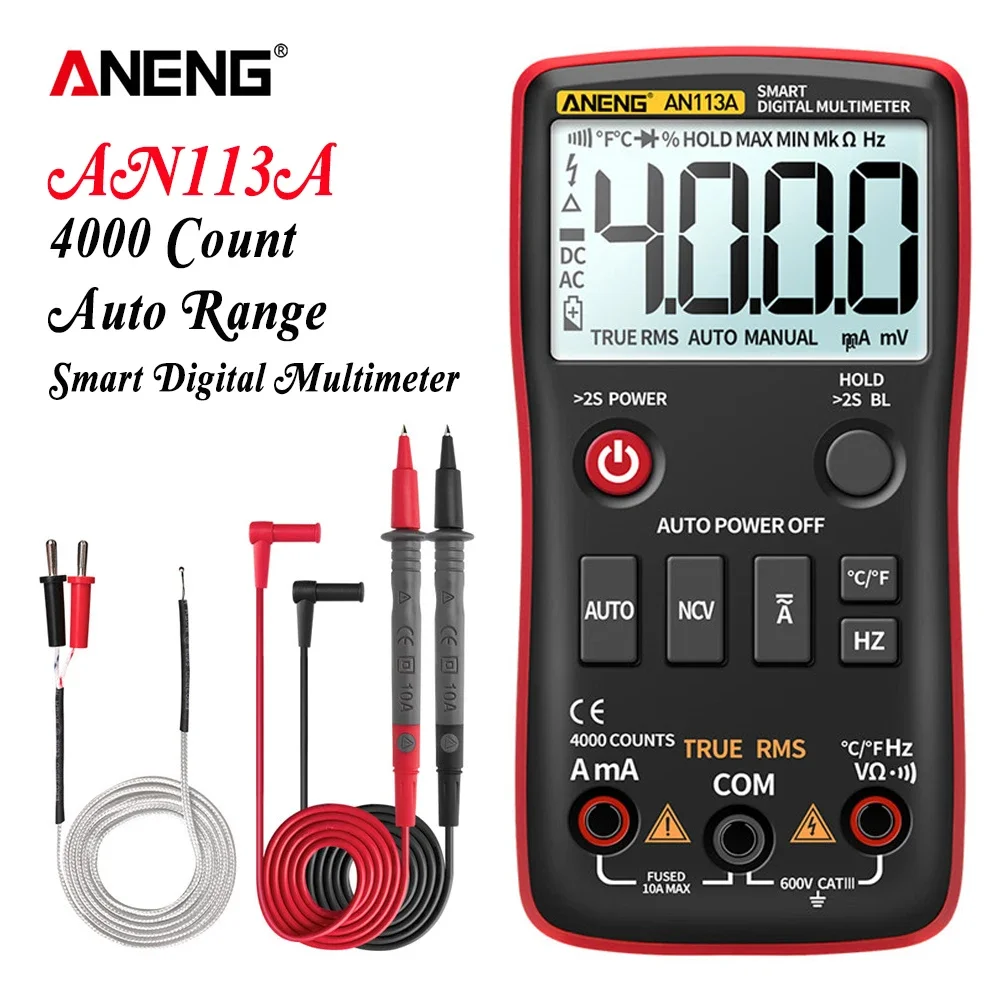 ANENG AN113A Digital Multimeter Smart Auto Range 4000 Counts True RMS AC/DC Voltage Temperature Ohm Hz Transistor Tester Meter