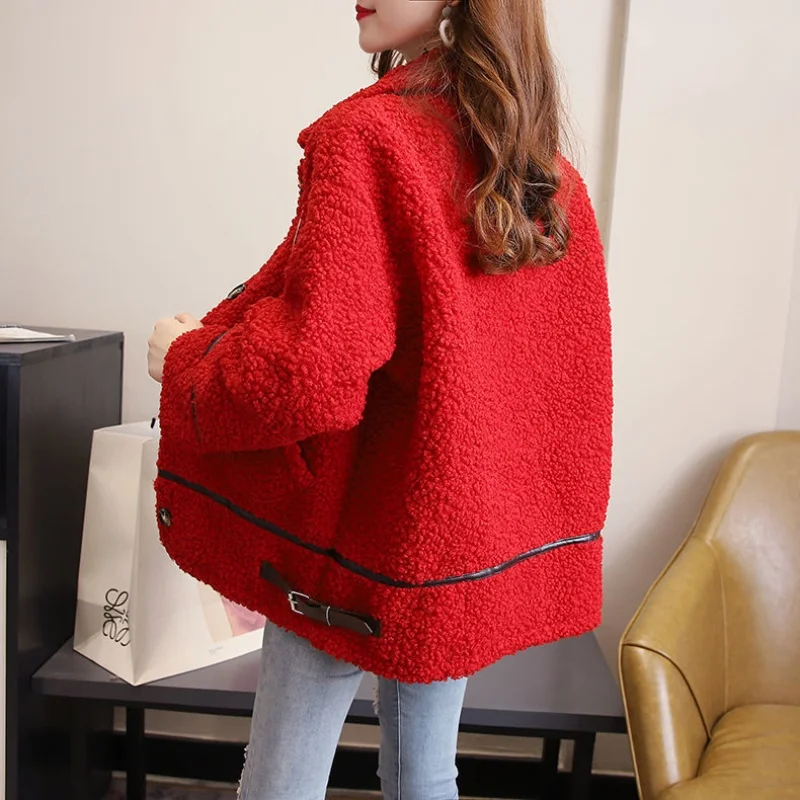 Women Autumn Winter Lamb Wool Faux Fur Thick Plush Warm Cardigan Coat Female Oversized Long Sleeve Turn-down Collar Outerwear