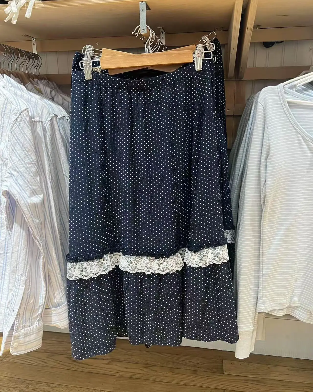Polka Dot Navy Lace Patchwork Long Skirt Women Elastic Waist Vintage Casual A-line Faldas Summer Preppy Style Sweet Midi Skirts