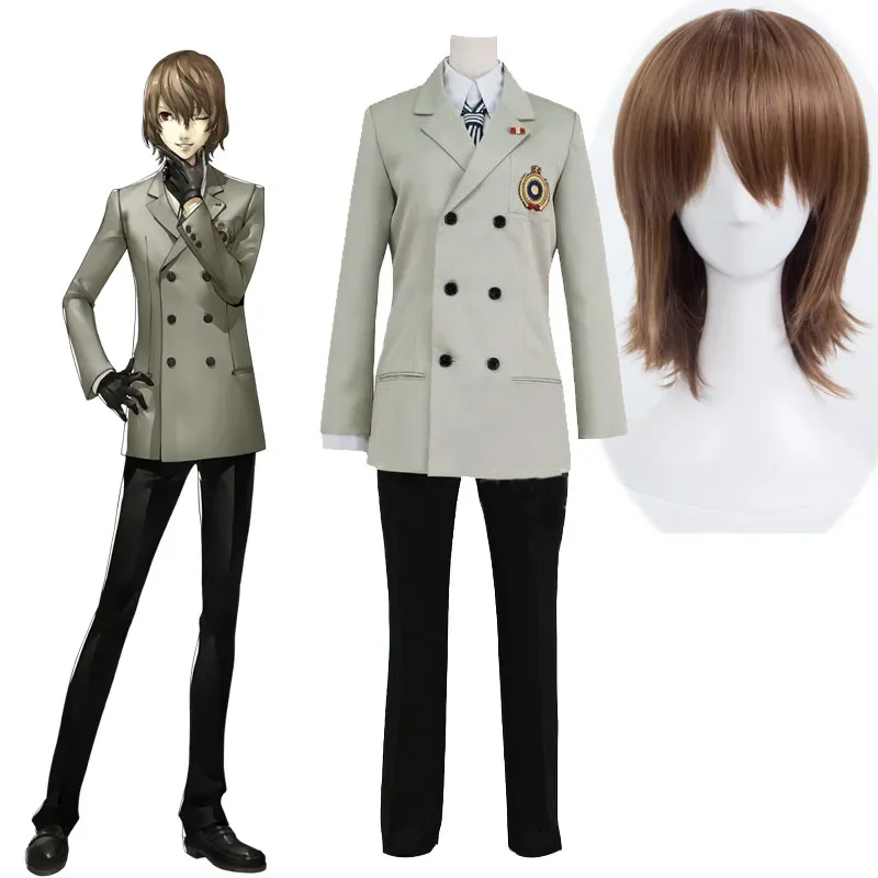 Person 5 Goro Akechi Cosplay Costume AKC Uniform Suit Crow Cosplayer Wig Headwear