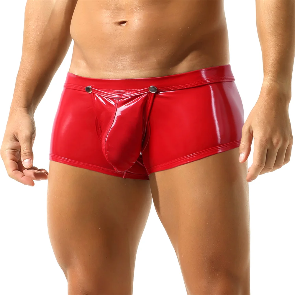 

Sexy Gay Underwear Open Butt Men Faux Leather Boxer Briefs Shorts Button Removable Bulge Pouch Underpants Male Low Rise Panties