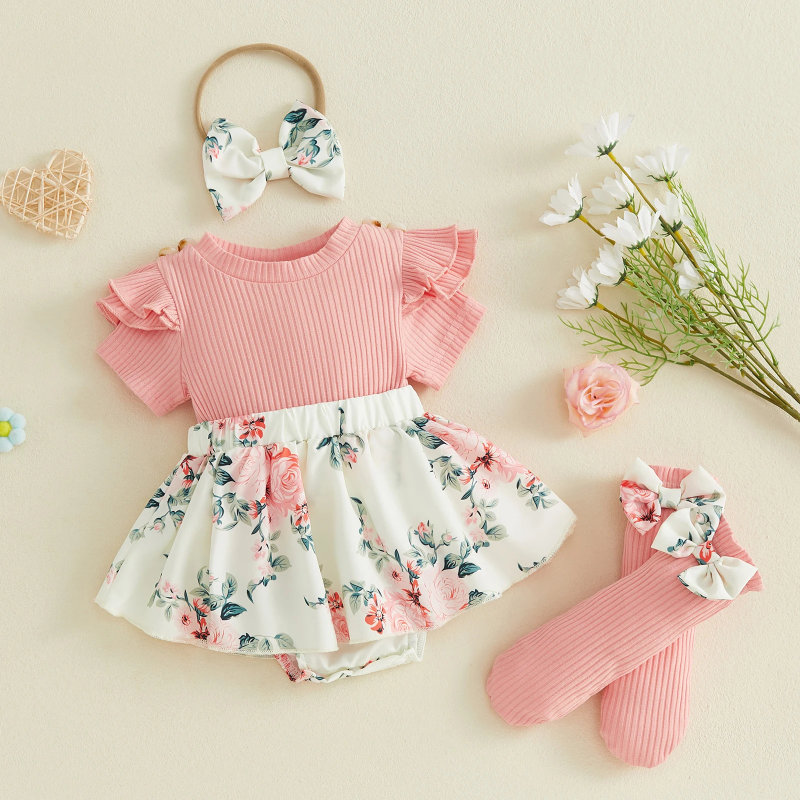 Baby Girl Summer Outfits Faux Two-piece Design Daisy Print Plaid Short Sleeve Romper Dress Bow Headband Stockings Set