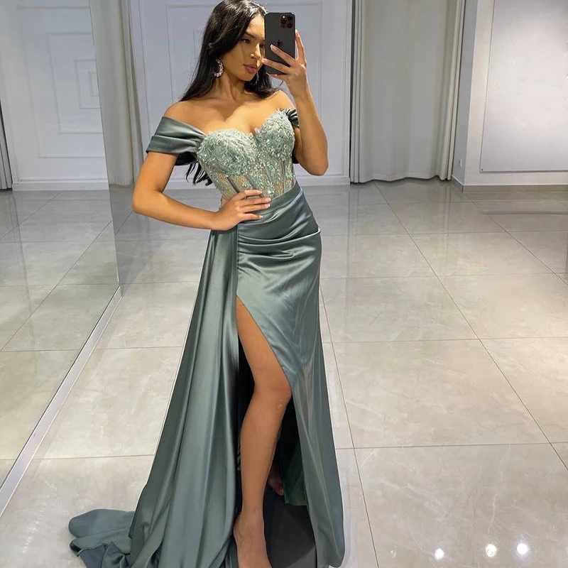 

Sexy Satin Bra Evening Dress Decal High Split Party Dress Shoulder Side Split Formal Prom Cocktail Party Dress Customization