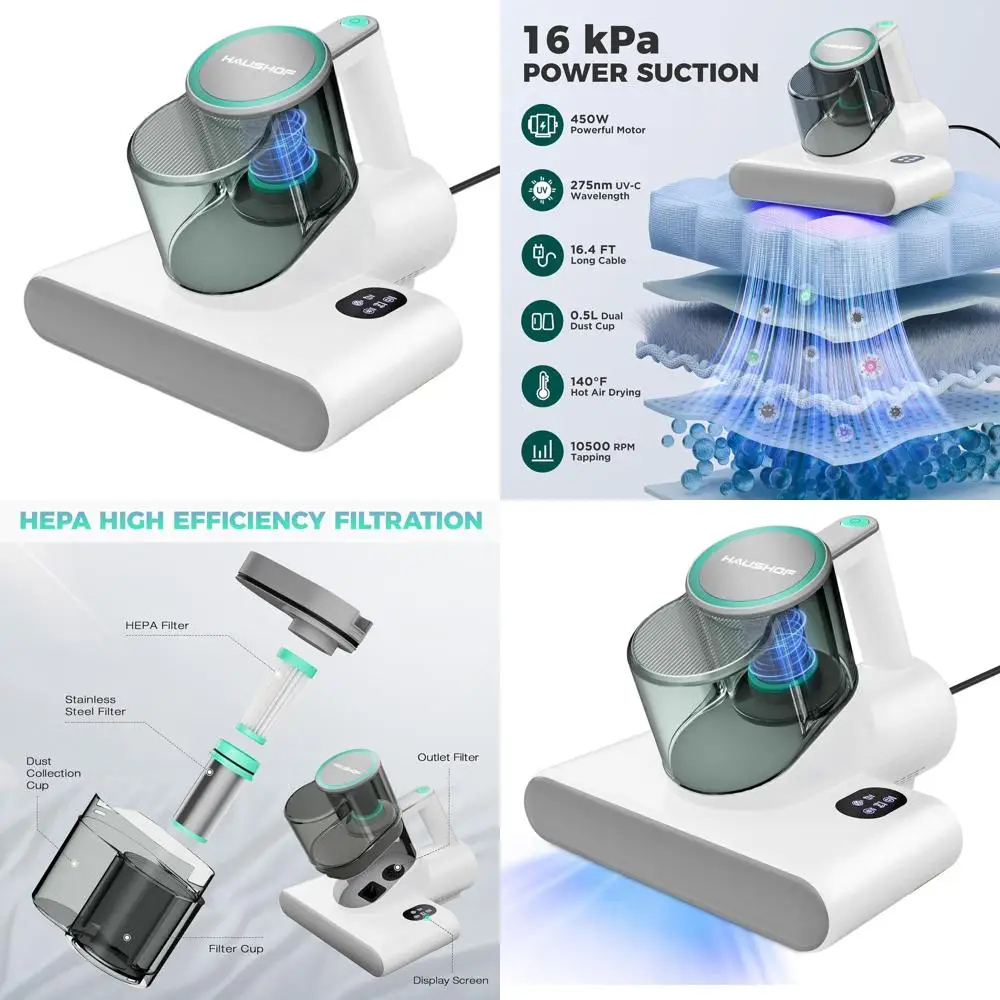 

Powerful 16kPa UV-C Bed Vacuum with Heat, Ultrasonic, HEPA Filter, Dual Cups for Various Surfaces