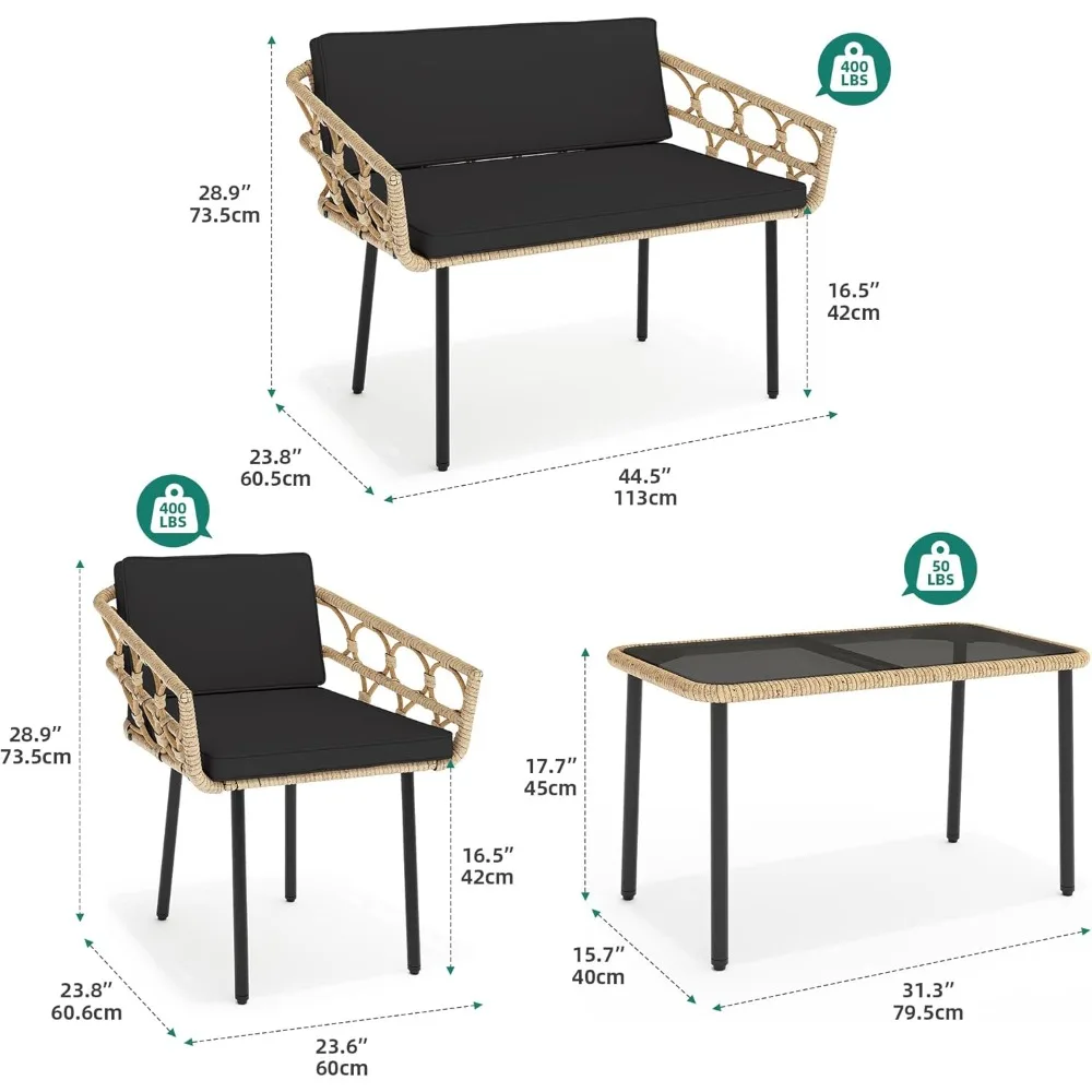 4 Pieces Patio Furniture Set, Wicker Outdoor Bistro Set, All-Weather Rattan Conversation Set with Loveseat Chairs Table Cushions