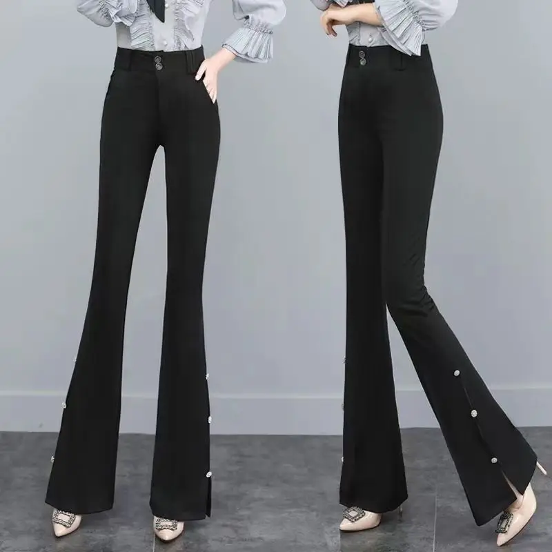Black micro flared pants women 2025 autumn new Korean version high waisted slimming slit and casual versatile pants