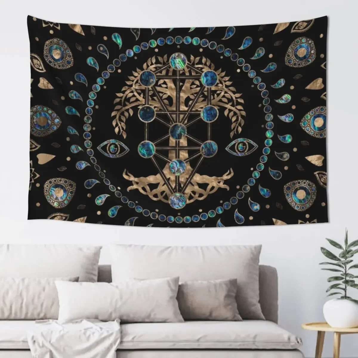 Kabbalah The Tree of Life Abalone and Gold Tapestry Decoration Wall Room Decor Korean Style Outdoor Decoration Tapestry